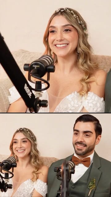 Pareja el día de su boda grabando con micrófonos Homecast